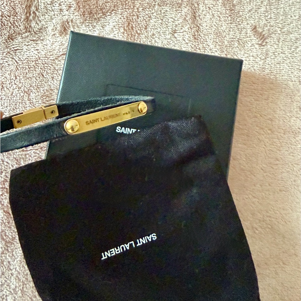 Saint Laurent Unisex Black Leather Bracelet with Gold Plate